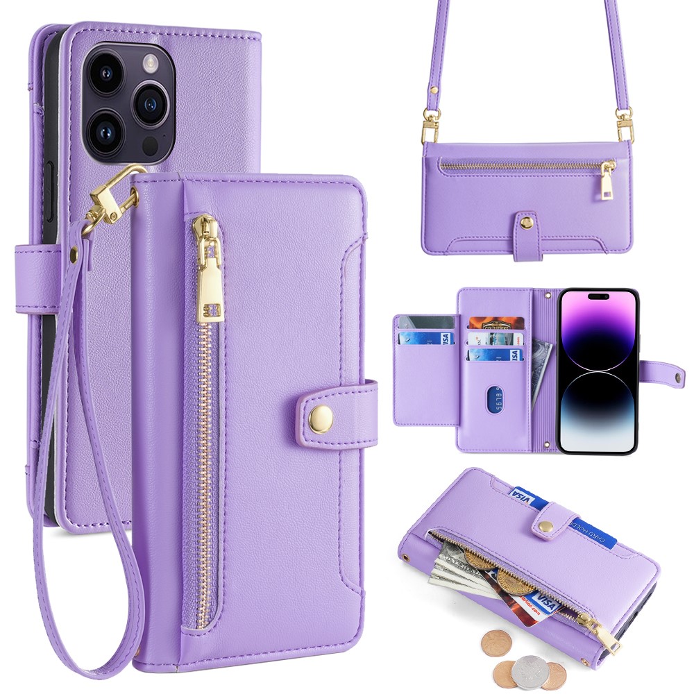 For iPhone 14 Pro Max Case Zipper Pocket Wallet Leather Phone Cover with 2 Straps - Purple