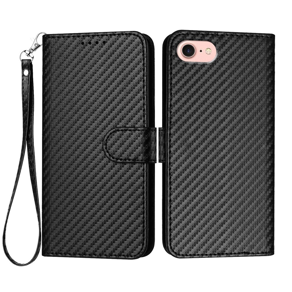 For iPhone 16e Wallet Case with Strap Carbon Fiber Texture Leather Mobile Cover - Black
