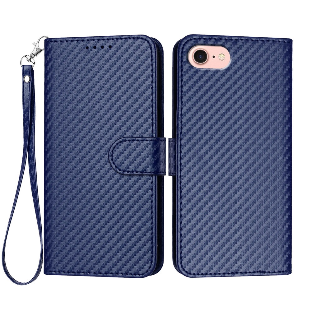 For iPhone 16e Wallet Case with Strap Carbon Fiber Texture Leather Mobile Cover - Royal Blue