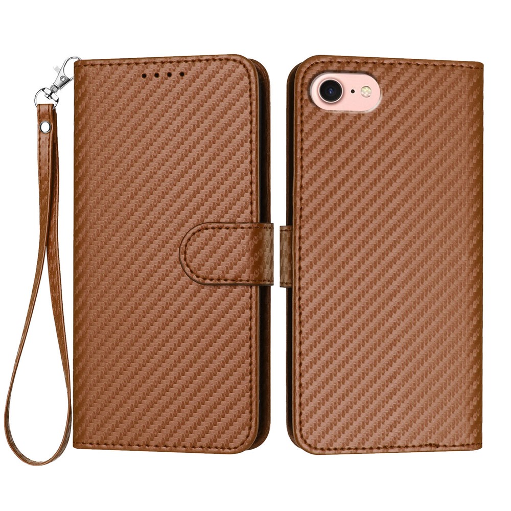 For iPhone 16e Wallet Case with Strap Carbon Fiber Texture Leather Mobile Cover - Coffee