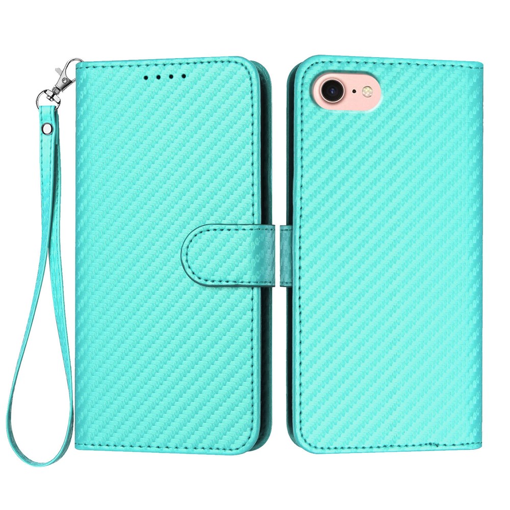 For iPhone 16e Wallet Case with Strap Carbon Fiber Texture Leather Mobile Cover - Light Blue