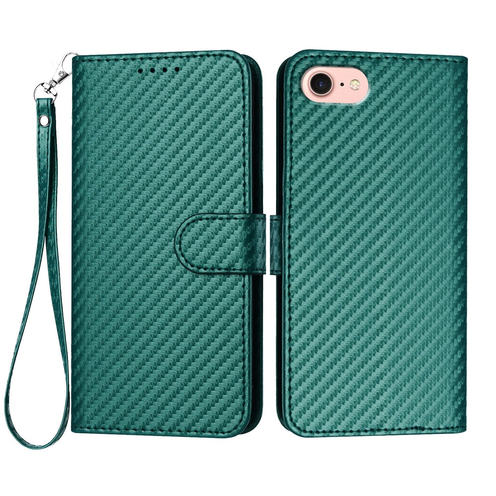 For iPhone 16e Wallet Case with Strap Carbon Fiber Texture Leather Mobile Cover - Blackish Green