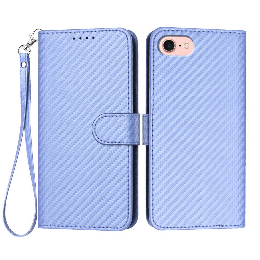 For iPhone 16e Wallet Case with Strap Carbon Fiber Texture Leather Mobile Cover - Purple