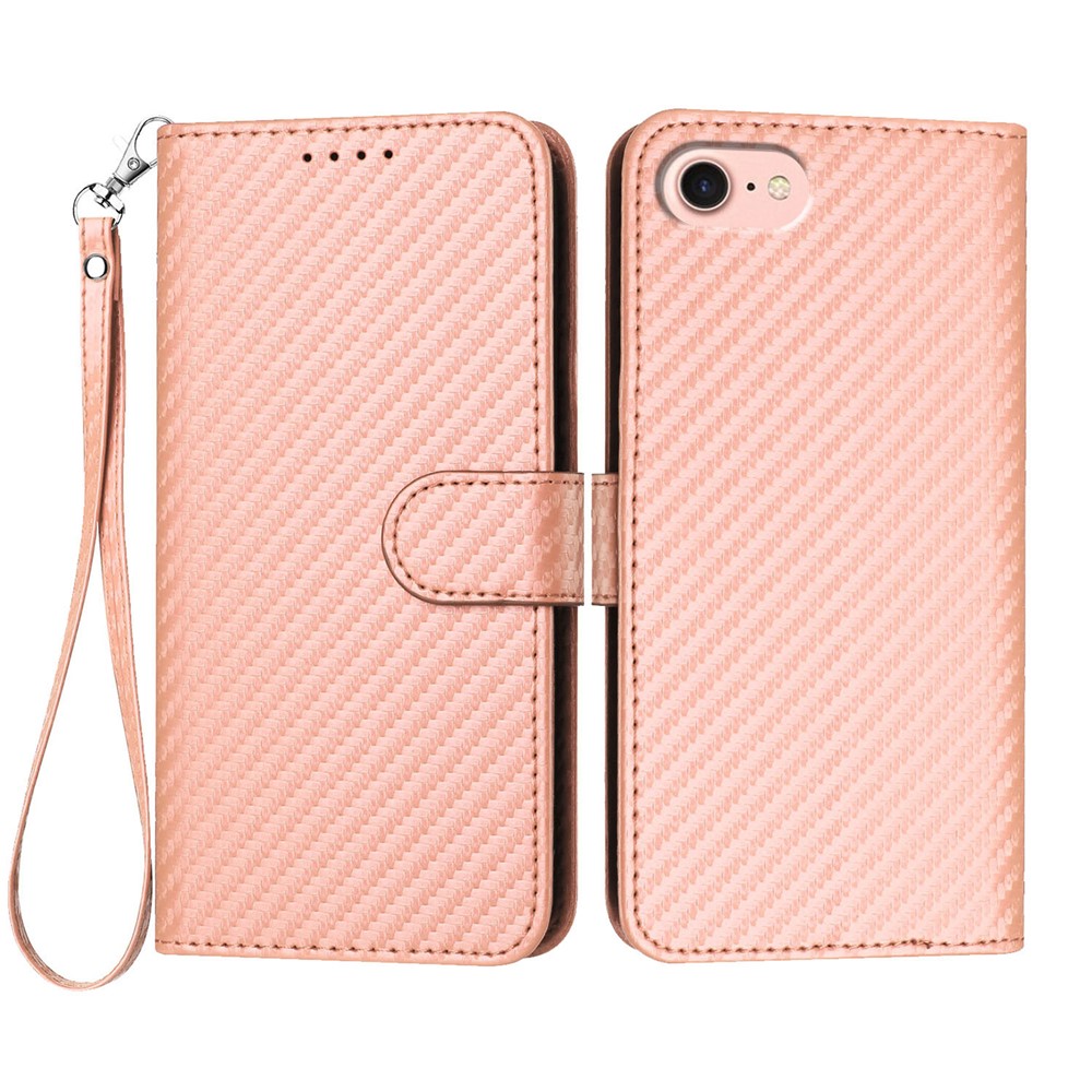 For iPhone 16e Wallet Case with Strap Carbon Fiber Texture Leather Mobile Cover - Pink