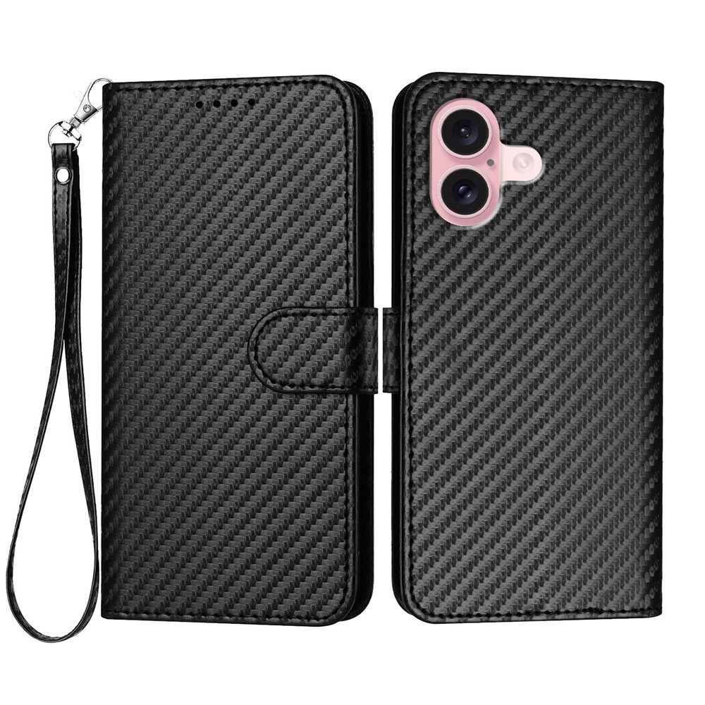 For iPhone 16 Wallet Case with Strap Carbon Fiber Texture Leather Mobile Cover - Black