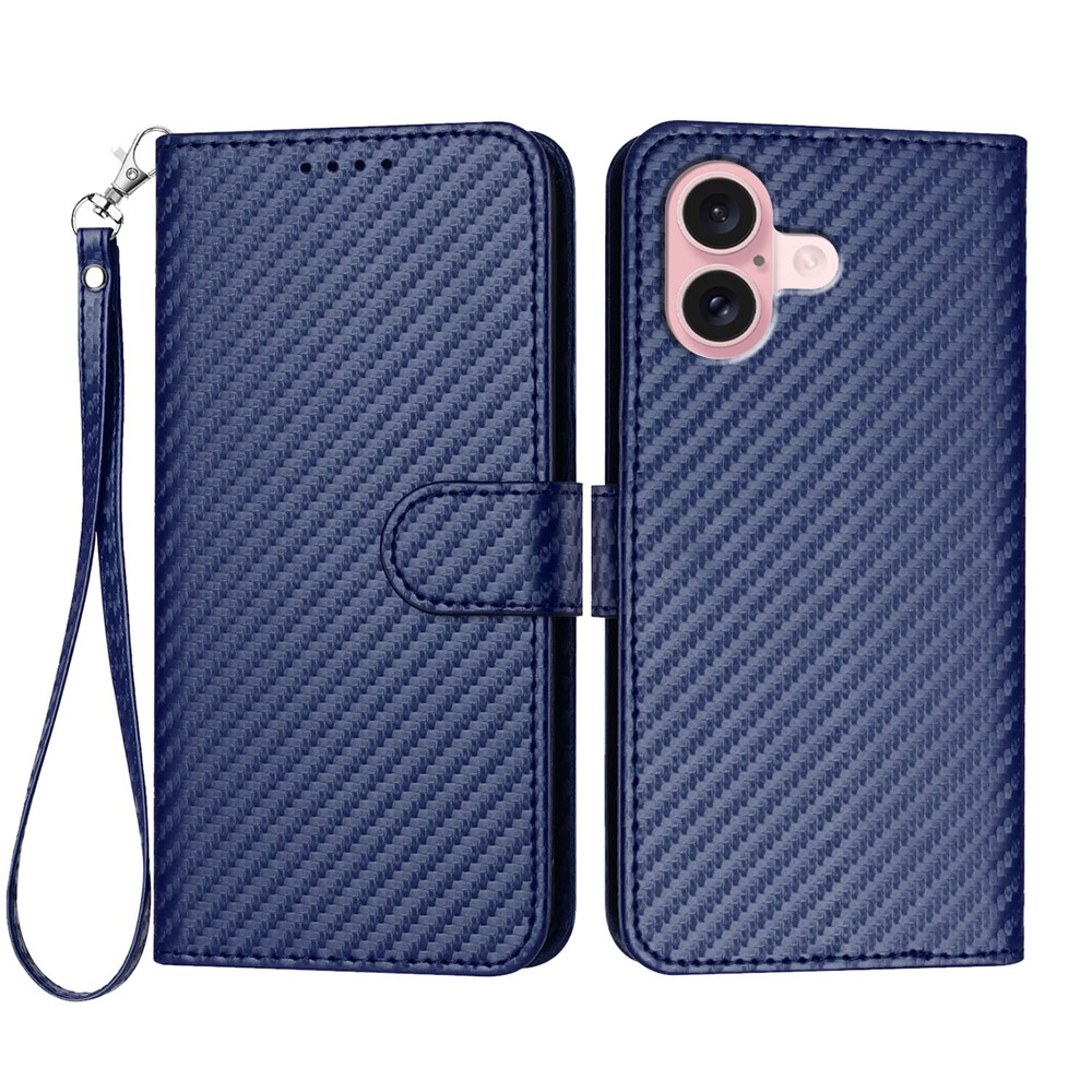 For iPhone 16 Wallet Case with Strap Carbon Fiber Texture Leather Mobile Cover - Royal Blue
