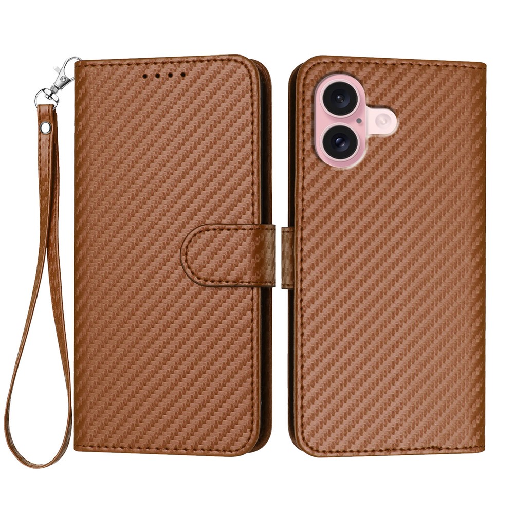 For iPhone 16 Wallet Case with Strap Carbon Fiber Texture Leather Mobile Cover - Coffee