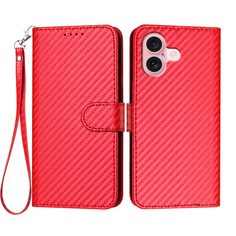 For iPhone 16 Wallet Case with Strap Carbon Fiber Texture Leather Mobile Cover - Red