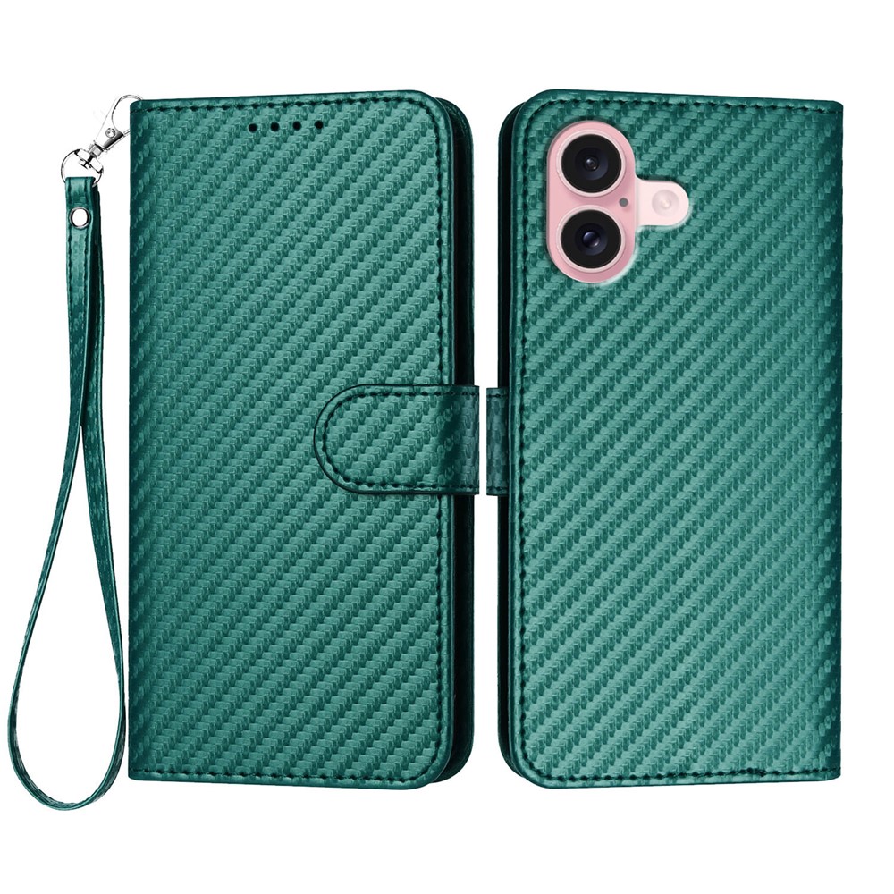 For iPhone 16 Wallet Case with Strap Carbon Fiber Texture Leather Mobile Cover - Blackish Green