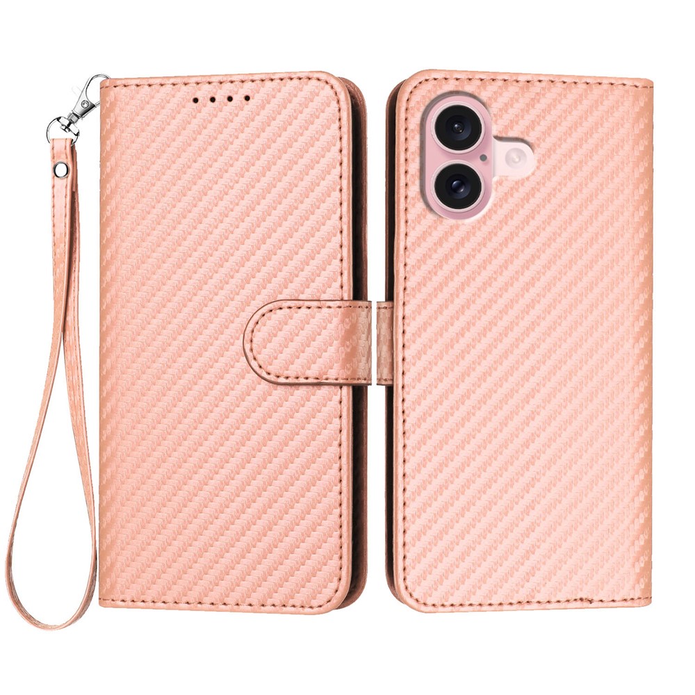 For iPhone 16 Wallet Case with Strap Carbon Fiber Texture Leather Mobile Cover - Pink