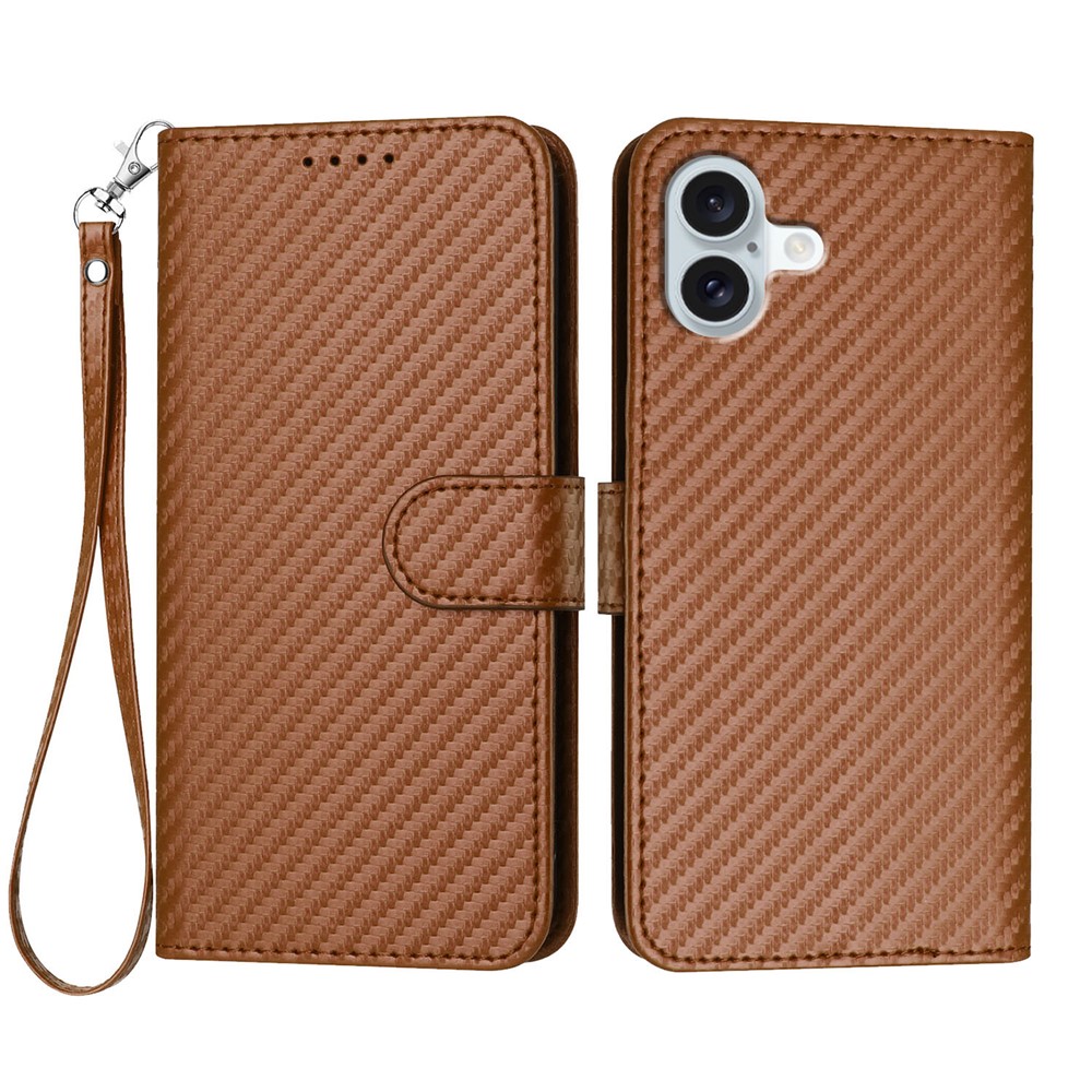 For iPhone 16 Plus Wallet Case with Strap Carbon Fiber Texture Leather Mobile Cover - Coffee