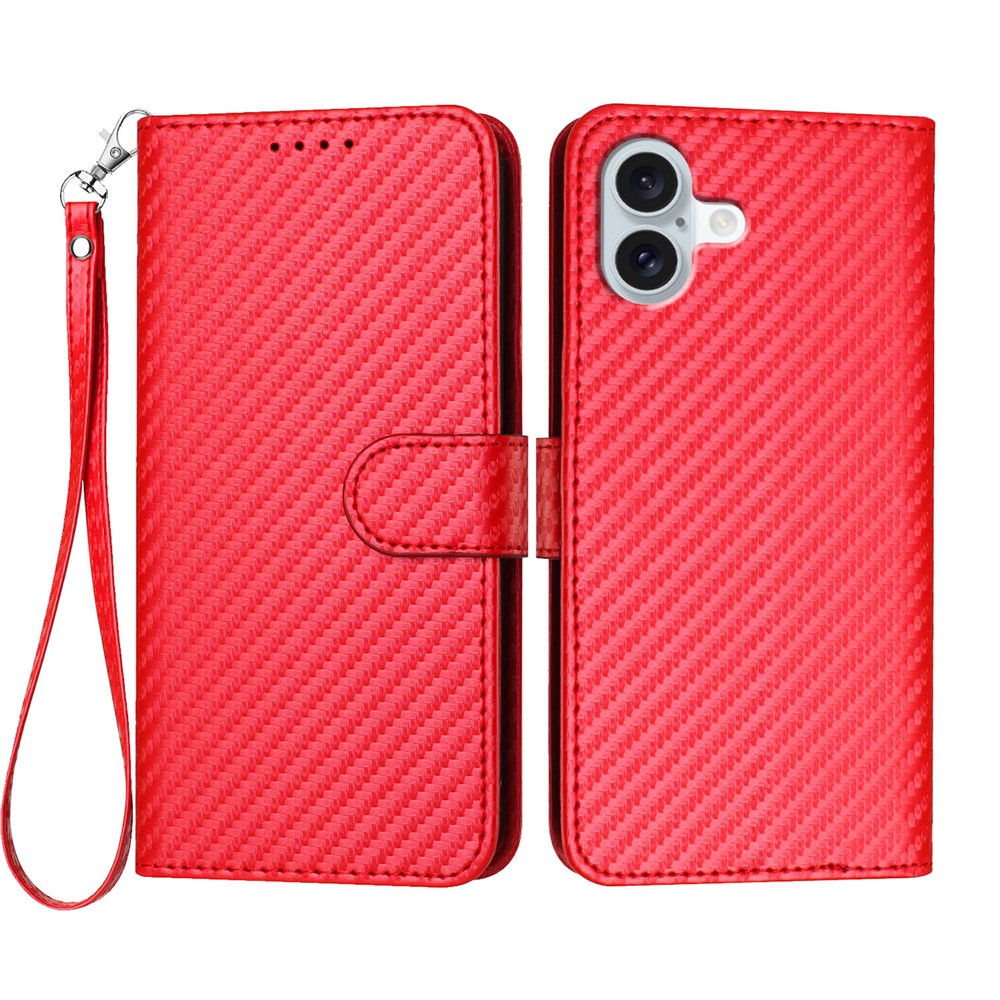For iPhone 16 Plus Wallet Case with Strap Carbon Fiber Texture Leather Mobile Cover - Red