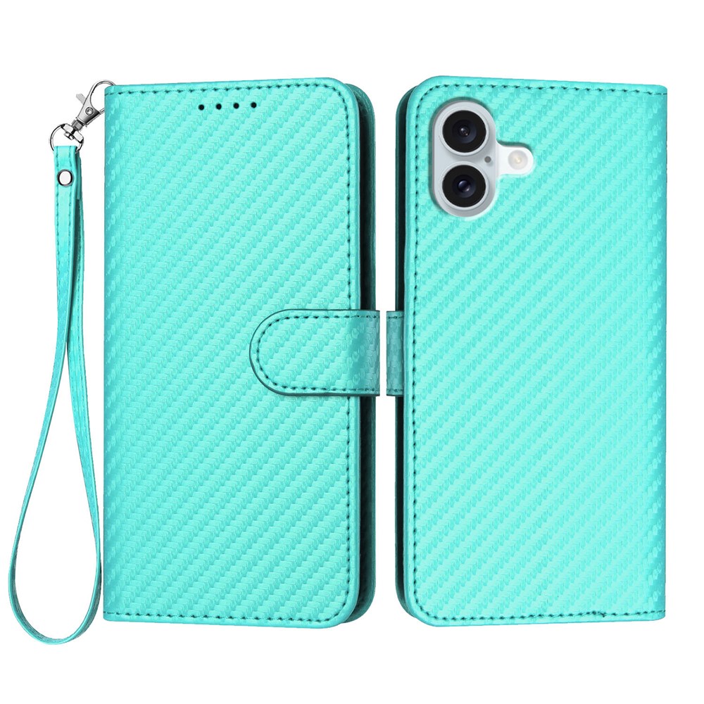 For iPhone 16 Plus Wallet Case with Strap Carbon Fiber Texture Leather Mobile Cover - Light Blue