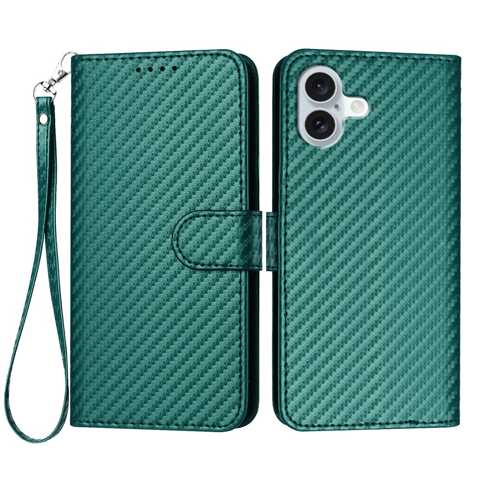 For iPhone 16 Plus Wallet Case with Strap Carbon Fiber Texture Leather Mobile Cover - Blackish Green