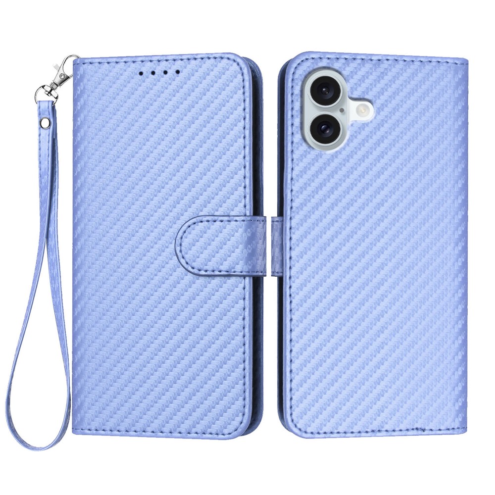 For iPhone 16 Plus Wallet Case with Strap Carbon Fiber Texture Leather Mobile Cover - Purple