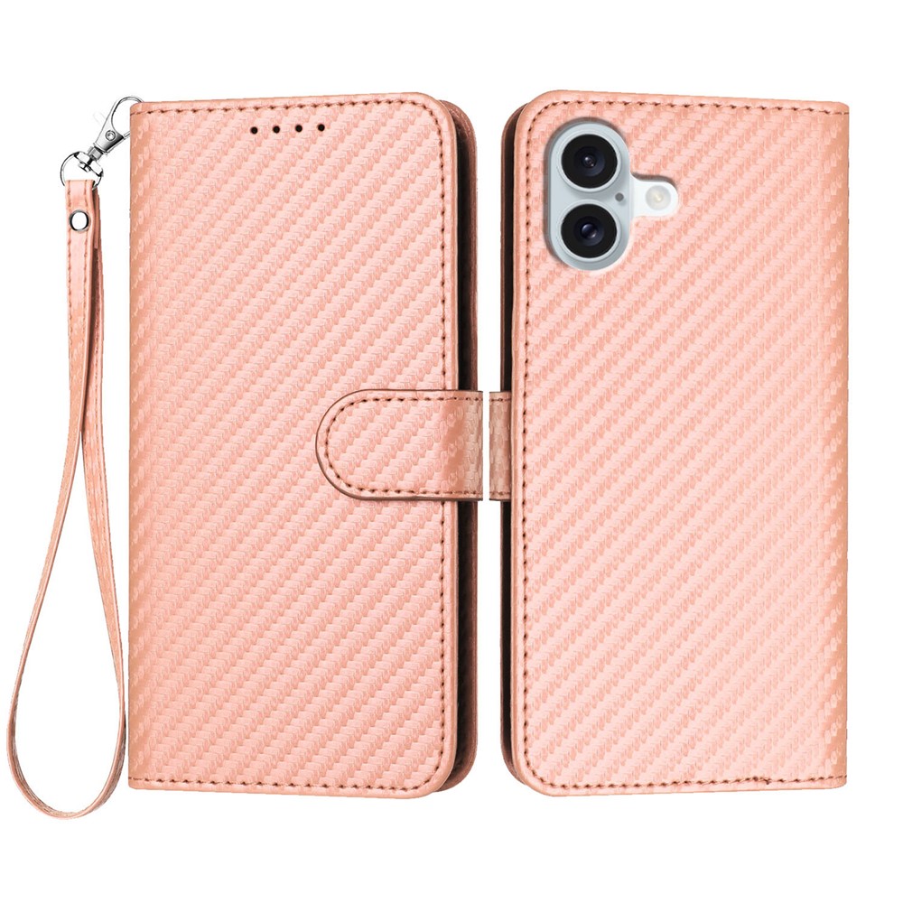 For iPhone 16 Plus Wallet Case with Strap Carbon Fiber Texture Leather Mobile Cover - Pink