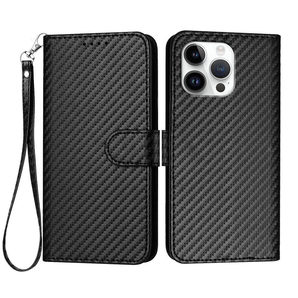 For iPhone 16 Pro Max Wallet Case with Strap Carbon Fiber Texture Leather Mobile Cover - Black