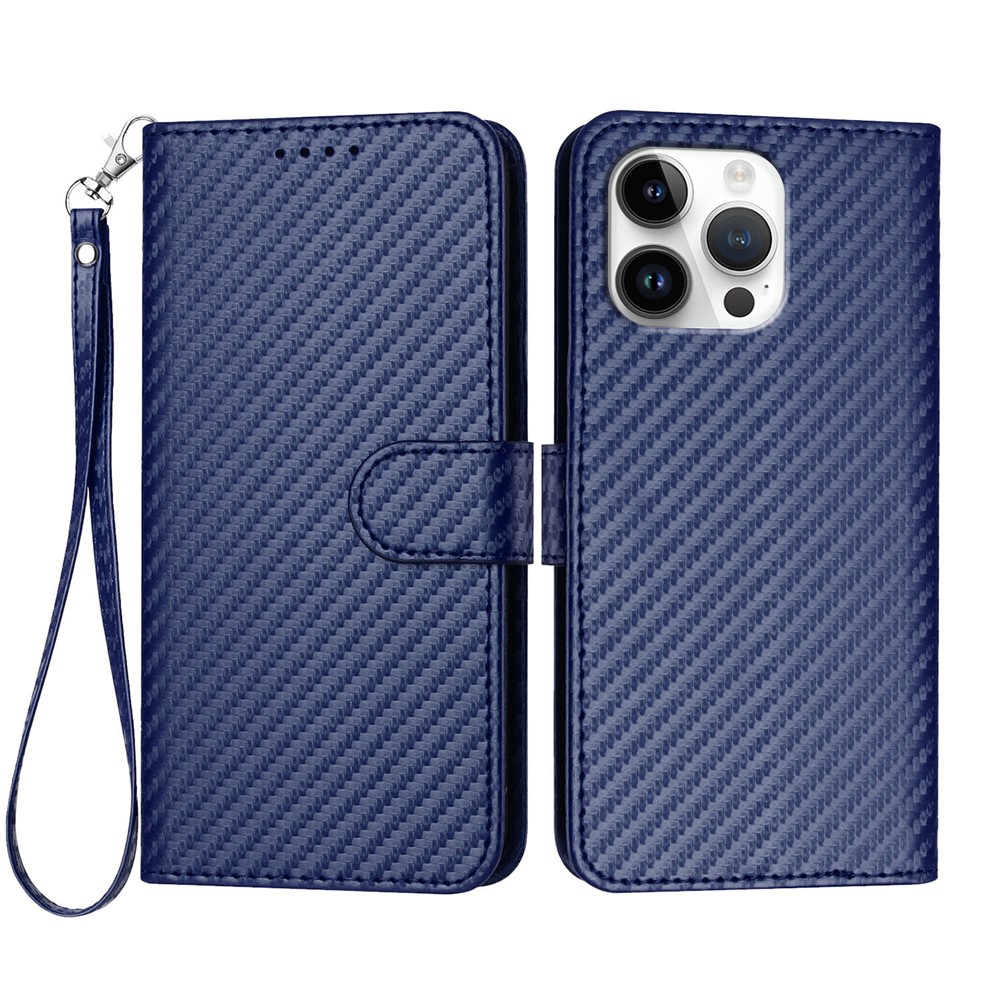 For iPhone 16 Pro Max Wallet Case with Strap Carbon Fiber Texture Leather Mobile Cover - Royal Blue