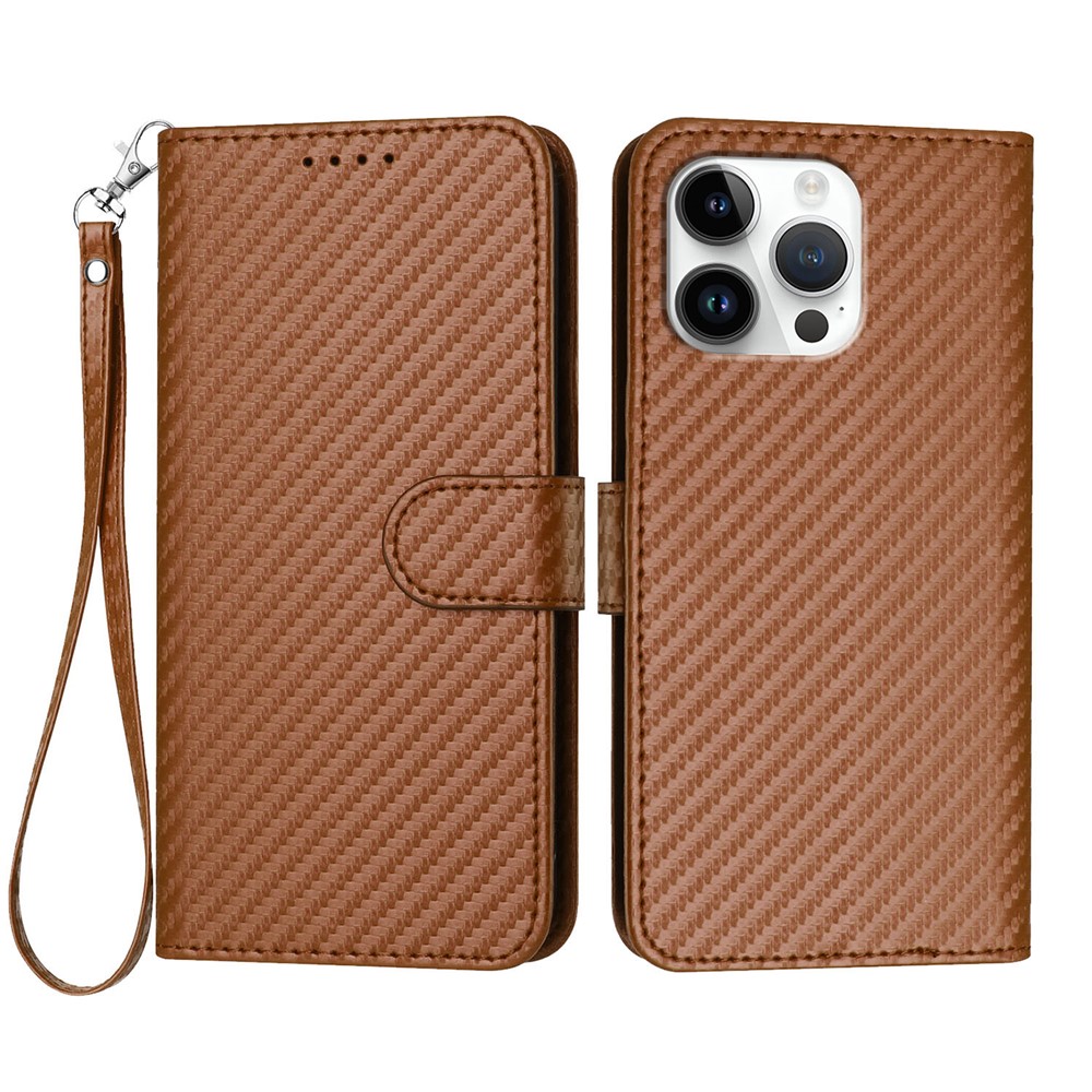 For iPhone 16 Pro Max Wallet Case with Strap Carbon Fiber Texture Leather Mobile Cover - Coffee