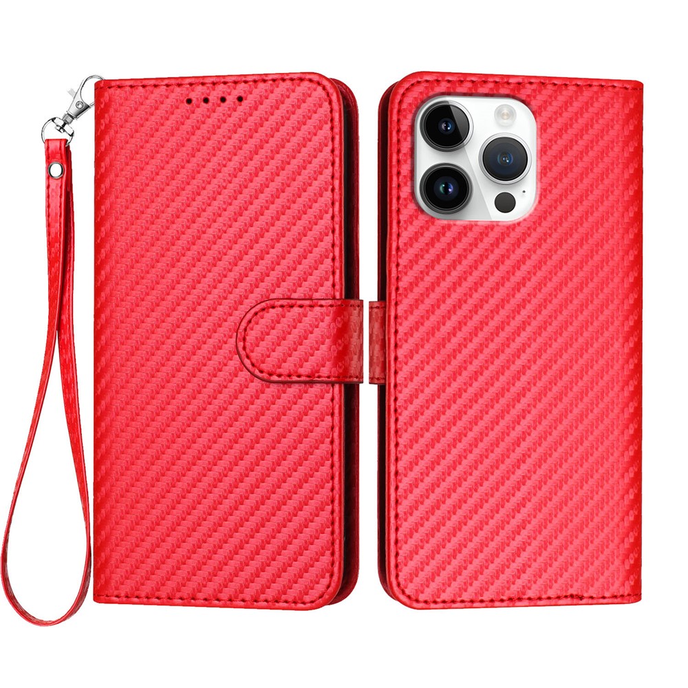 For iPhone 16 Pro Max Wallet Case with Strap Carbon Fiber Texture Leather Mobile Cover - Red