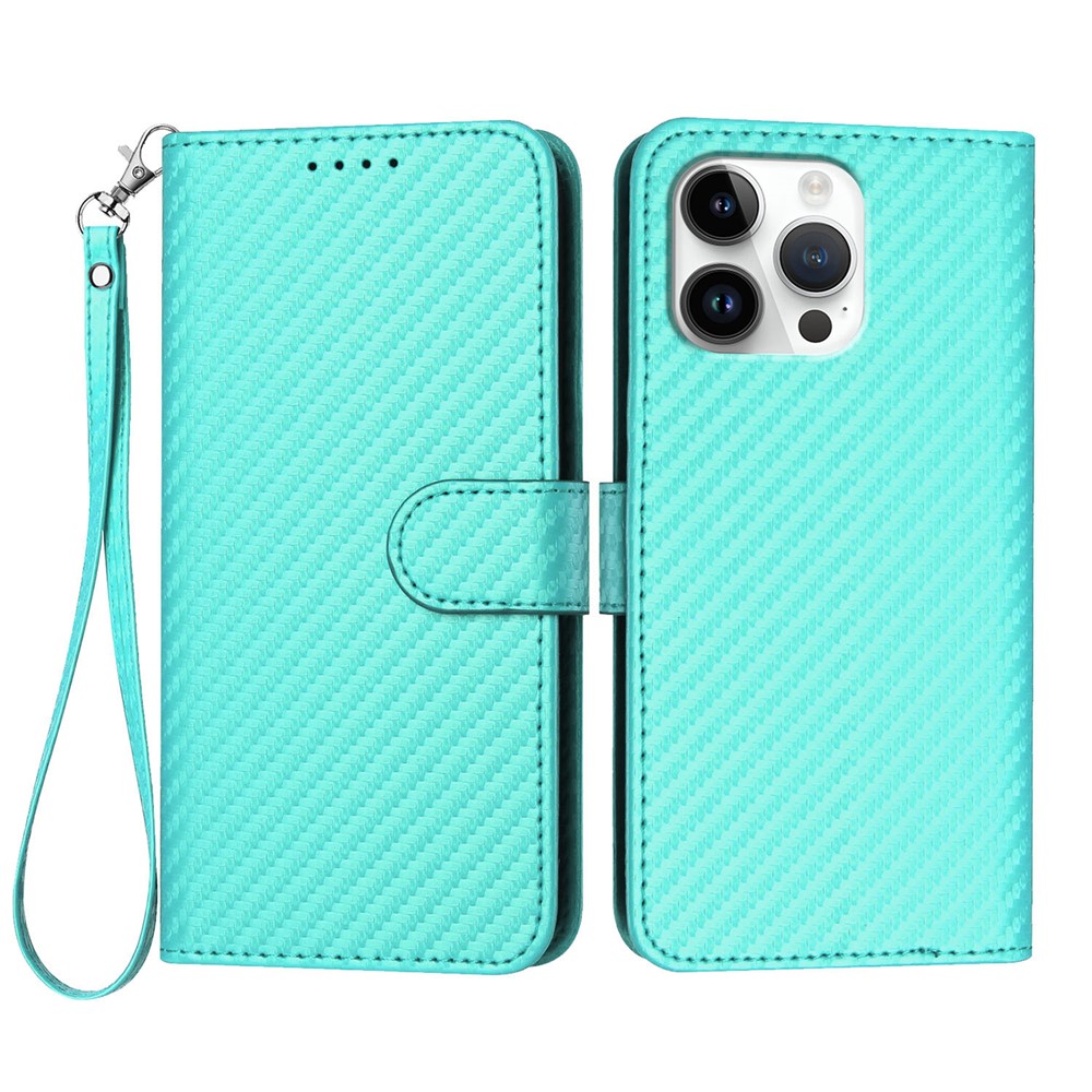 For iPhone 16 Pro Max Wallet Case with Strap Carbon Fiber Texture Leather Mobile Cover - Light Blue