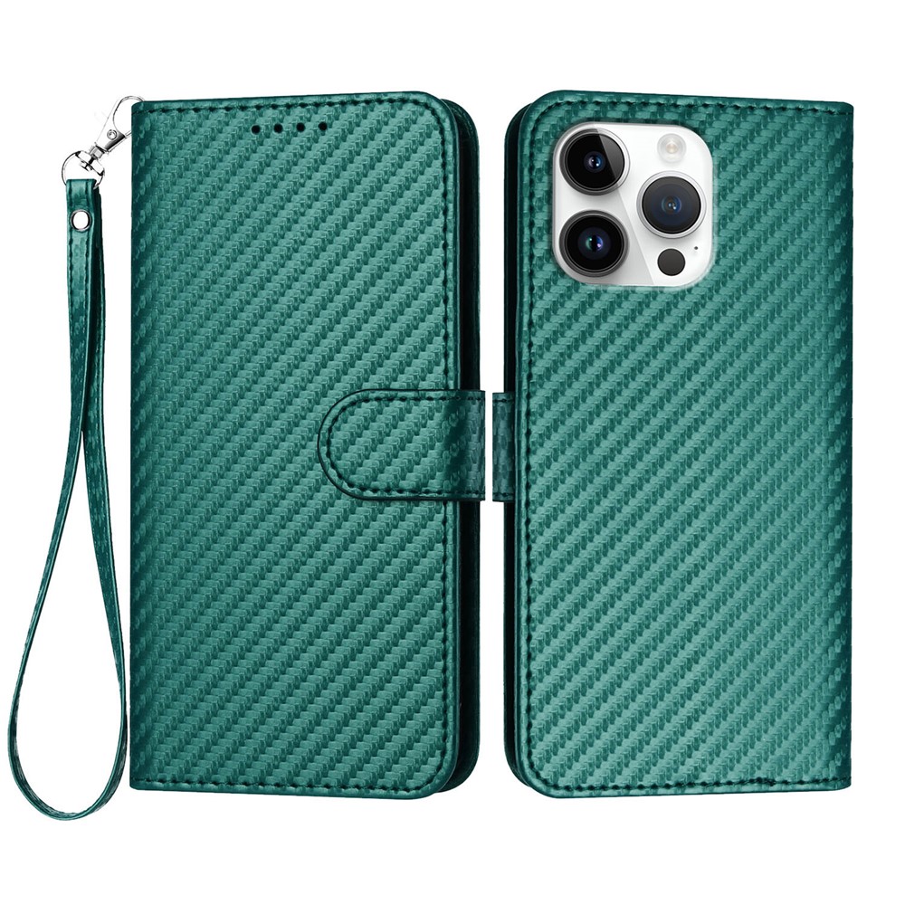 For iPhone 16 Pro Max Wallet Case with Strap Carbon Fiber Texture Leather Mobile Cover - Blackish Green