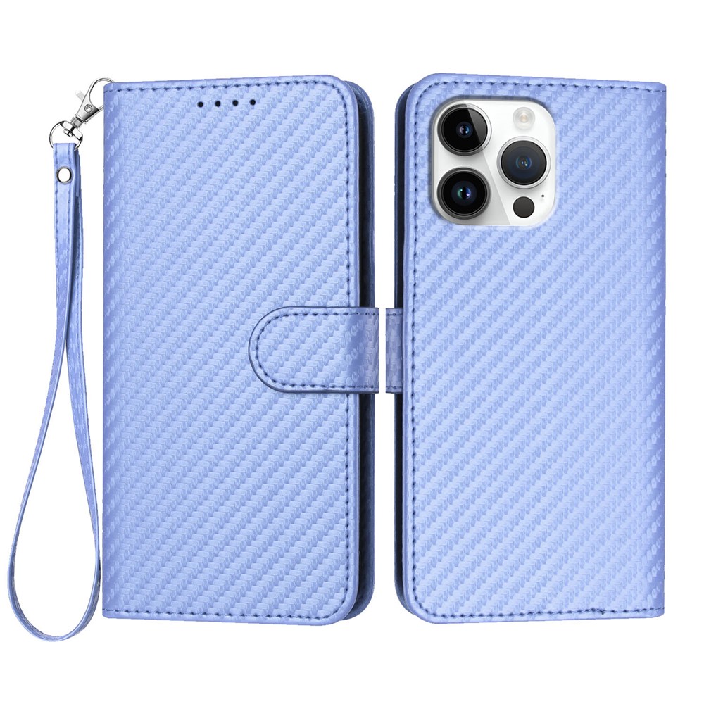 For iPhone 16 Pro Max Wallet Case with Strap Carbon Fiber Texture Leather Mobile Cover - Purple
