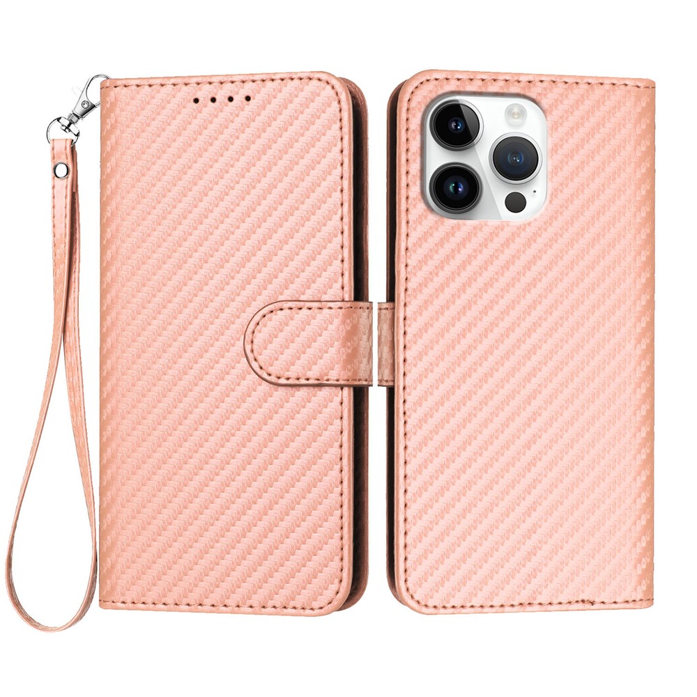 For iPhone 16 Pro Max Wallet Case with Strap Carbon Fiber Texture Leather Mobile Cover - Pink