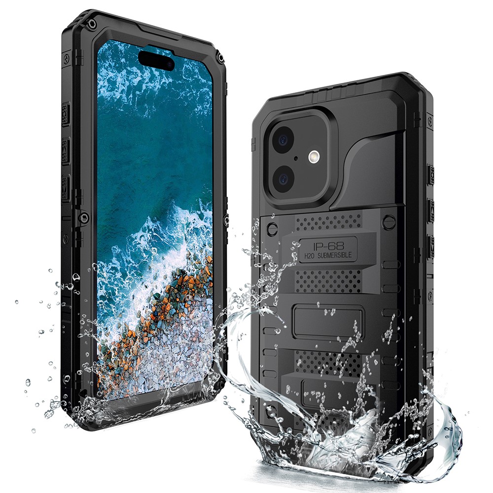 IP68 Waterproof Phone Case for iPhone 16 Plus Metal + Silicone Cover with Screen Protector - Black
