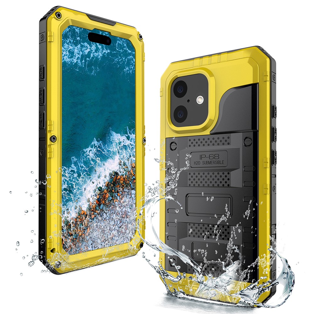 IP68 Waterproof Phone Case for iPhone 16 Plus Metal + Silicone Cover with Screen Protector - Yellow