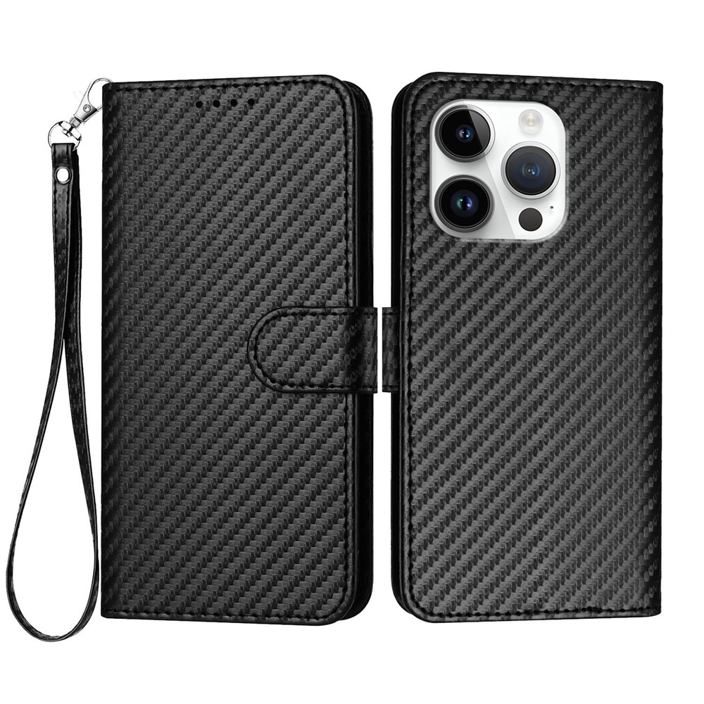 For iPhone 16 Pro Wallet Case with Strap Carbon Fiber Texture Leather Mobile Cover - Black