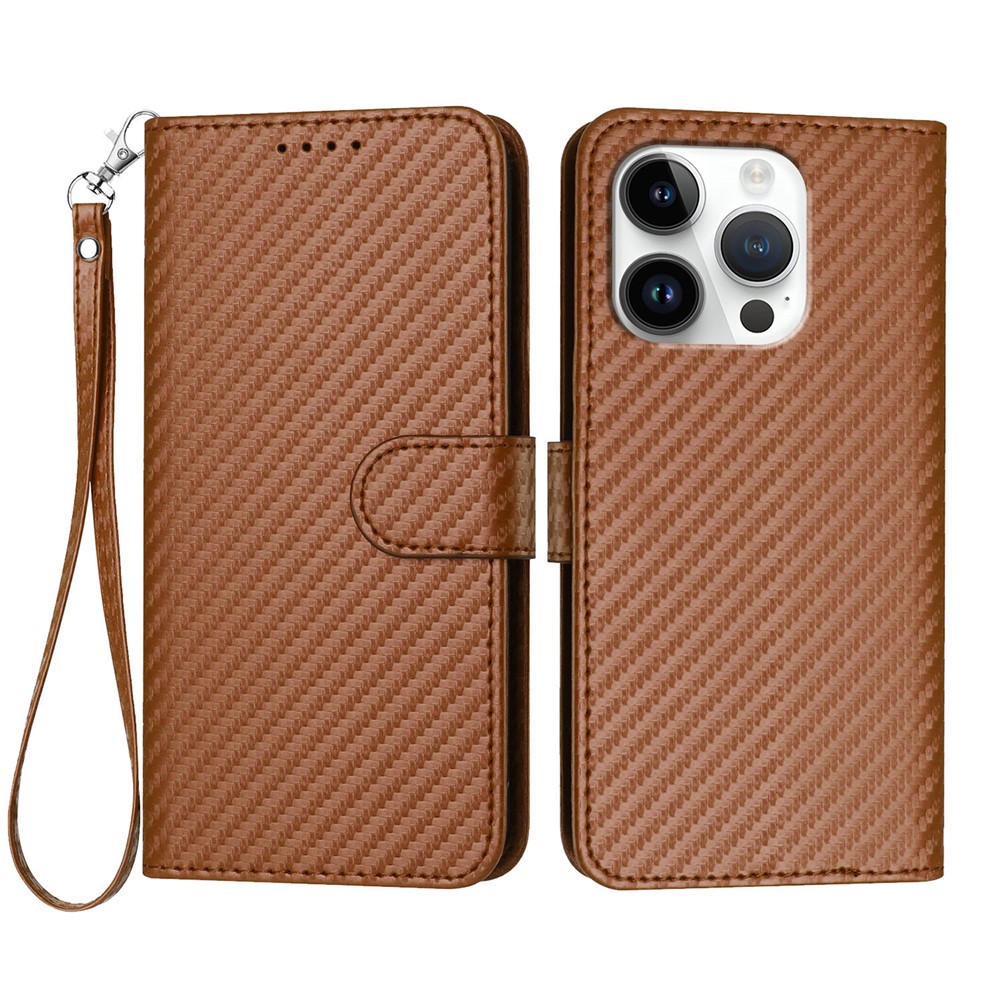 For iPhone 16 Pro Wallet Case with Strap Carbon Fiber Texture Leather Mobile Cover - Coffee