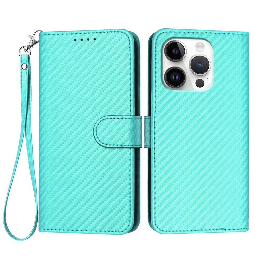 For iPhone 16 Pro Wallet Case with Strap Carbon Fiber Texture Leather Mobile Cover - Light Blue
