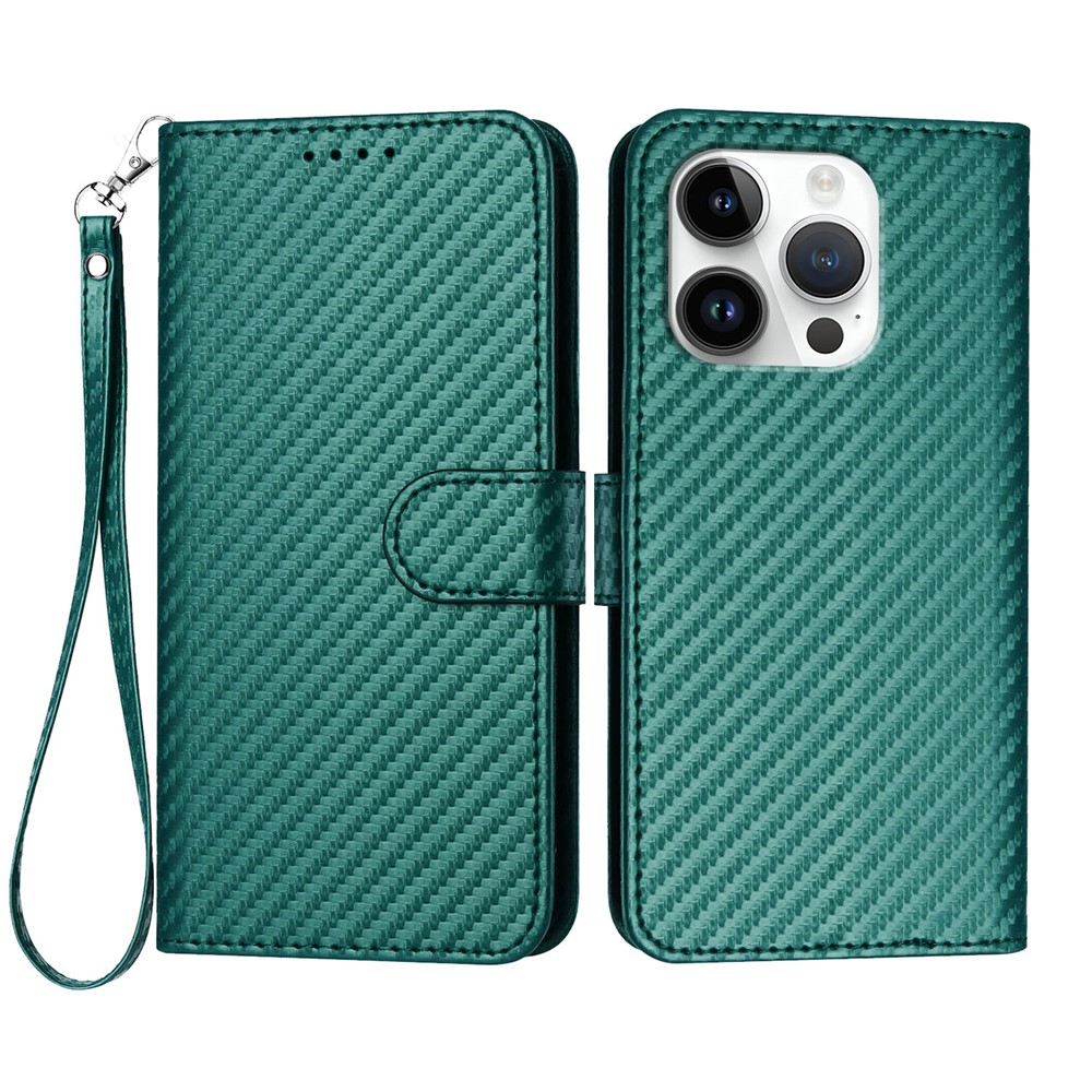 For iPhone 16 Pro Wallet Case with Strap Carbon Fiber Texture Leather Mobile Cover - Blackish Green