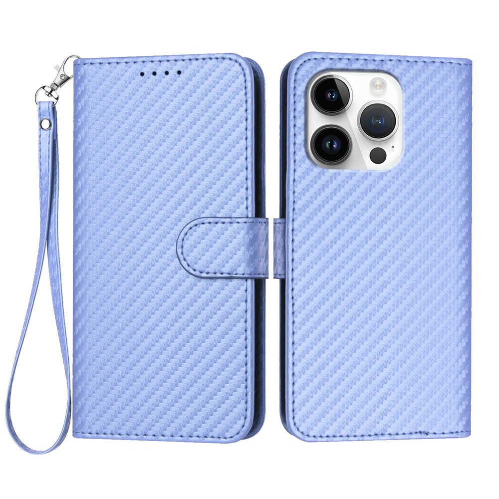 For iPhone 16 Pro Wallet Case with Strap Carbon Fiber Texture Leather Mobile Cover - Purple
