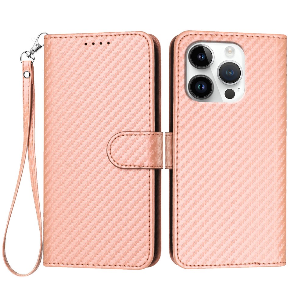 For iPhone 16 Pro Wallet Case with Strap Carbon Fiber Texture Leather Mobile Cover - Pink