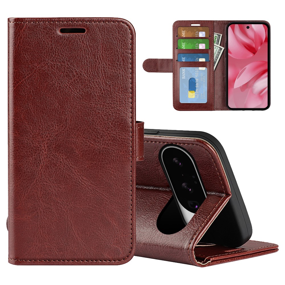 For Google Pixel 10 Case Crazy Horse Texture Stand Leather Phone Cover - Brown