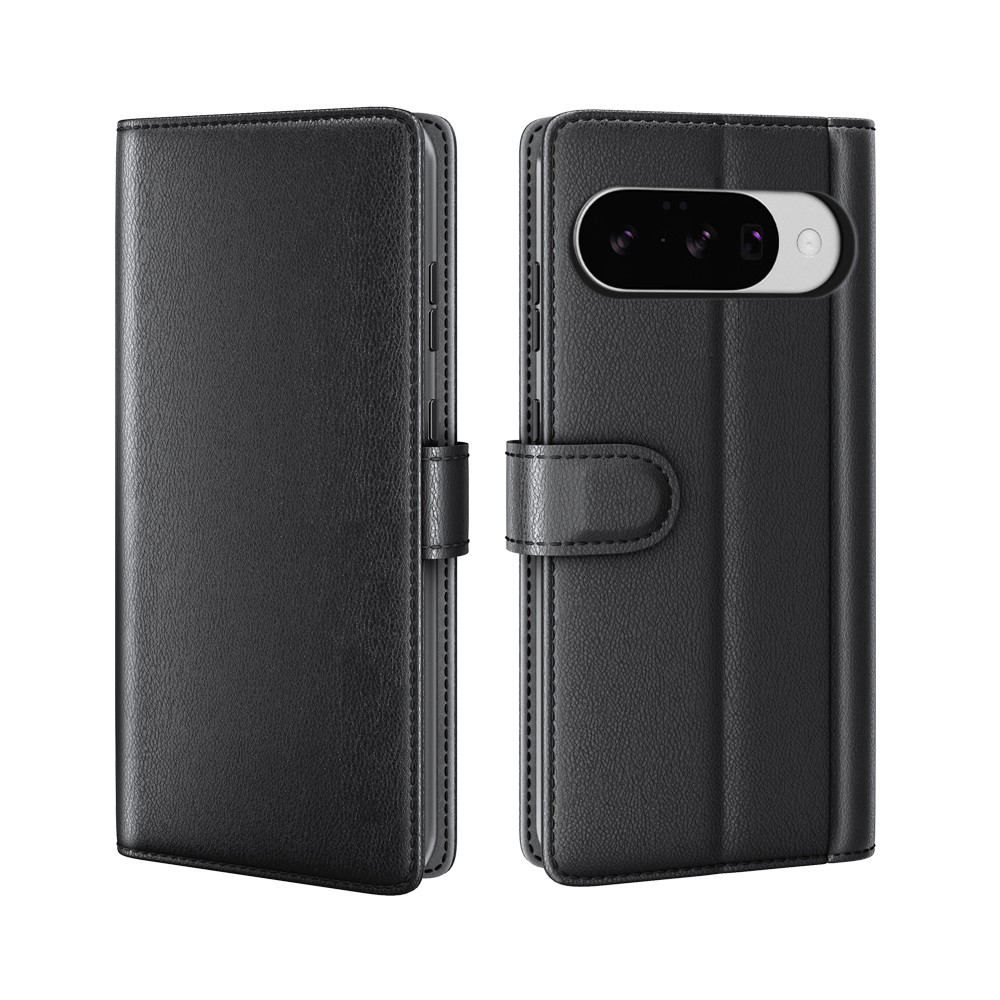 For Google Pixel 10 Case Genuine Split Leather Phone Cover with Wallet Stand - Black