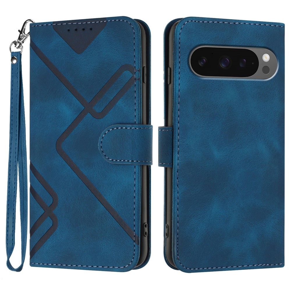 For Google Pixel 9 Pro XL / Google Pixel 10 Pro XL Wallet Case Line Imprinted PU Leather Phone Cover with Strap - Royal Blue
