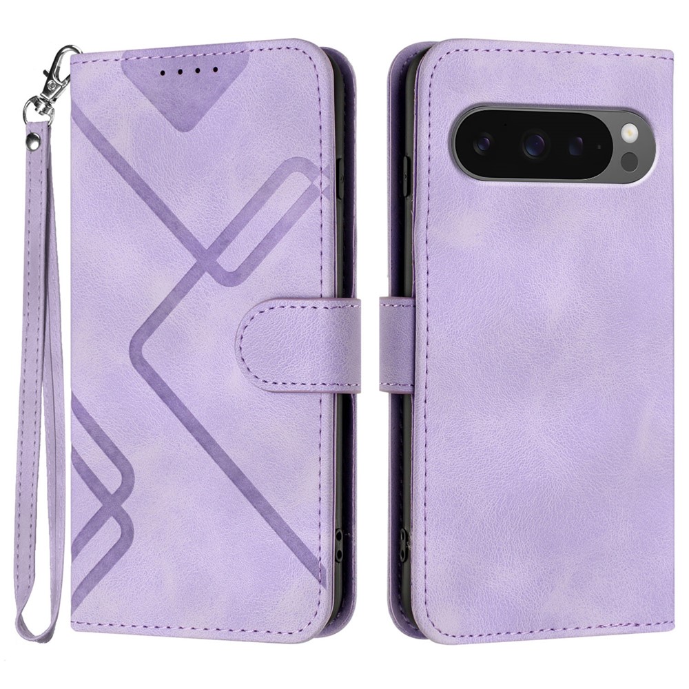 For Google Pixel 9 Pro XL / Google Pixel 10 Pro XL Wallet Case Line Imprinted PU Leather Phone Cover with Strap - Purple