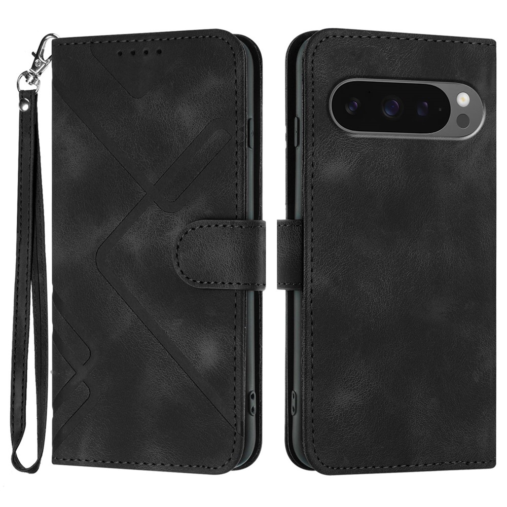 For Google Pixel 10 Pro / Google Pixel 9 / Google Pixel 9 Pro / Google Pixel 10 Wallet Case Line Imprinted PU Leather Phone Cover with Strap - Black