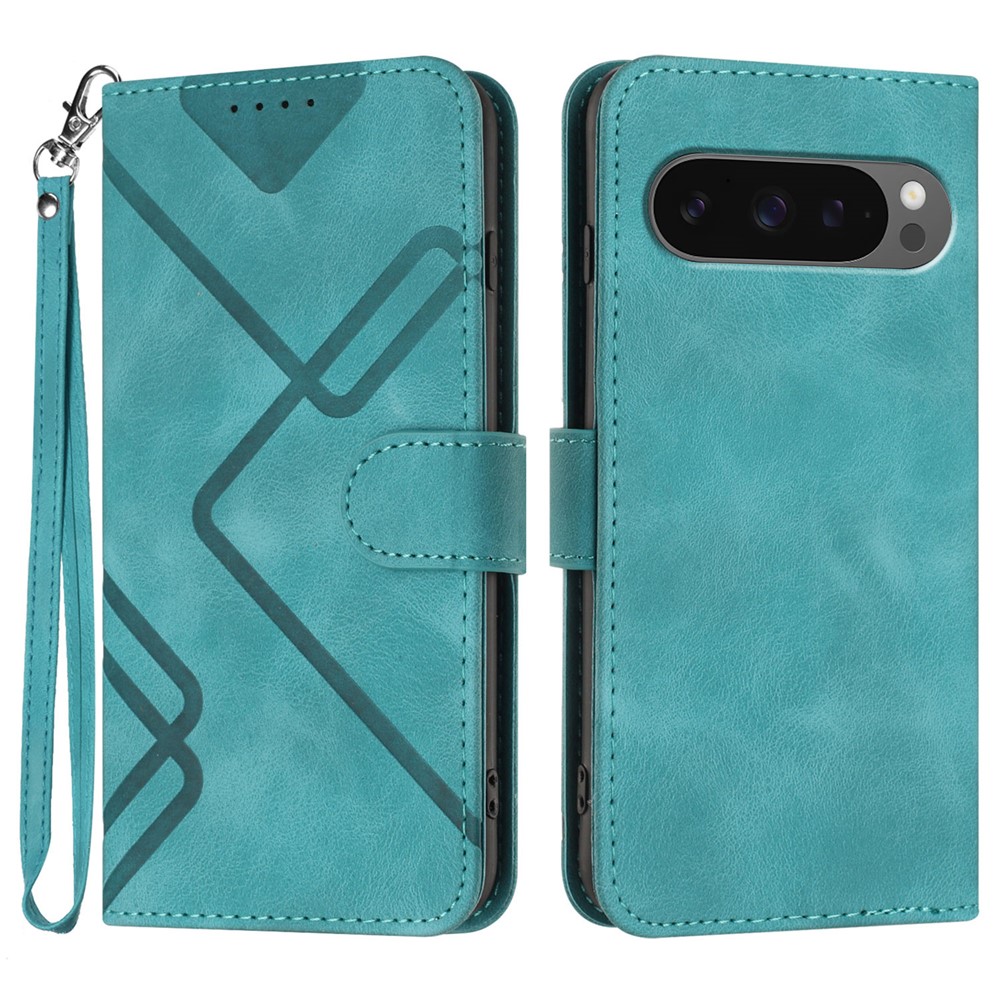For Google Pixel 10 Pro / Google Pixel 9 / Google Pixel 9 Pro / Google Pixel 10 Wallet Case Line Imprinted PU Leather Phone Cover with Strap - Light Blue