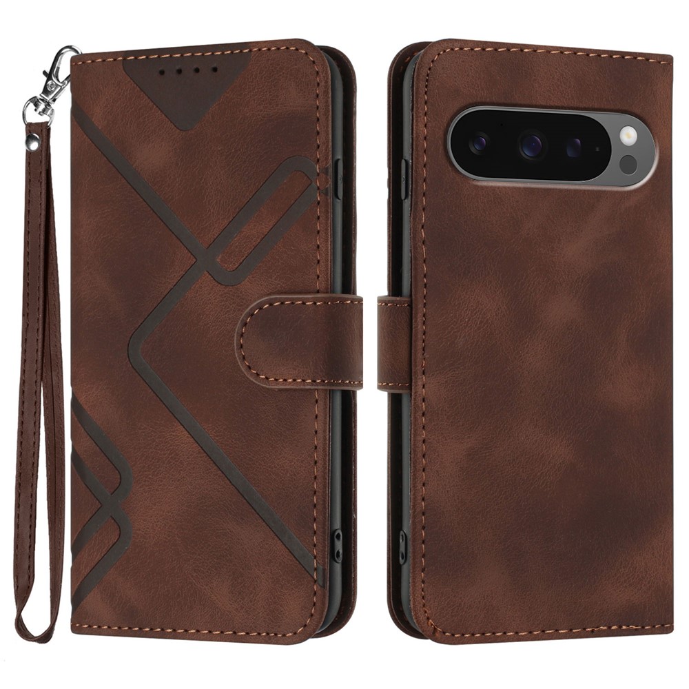 For Google Pixel 10 Pro / Google Pixel 9 / Google Pixel 9 Pro / Google Pixel 10 Wallet Case Line Imprinted PU Leather Phone Cover with Strap - Brown