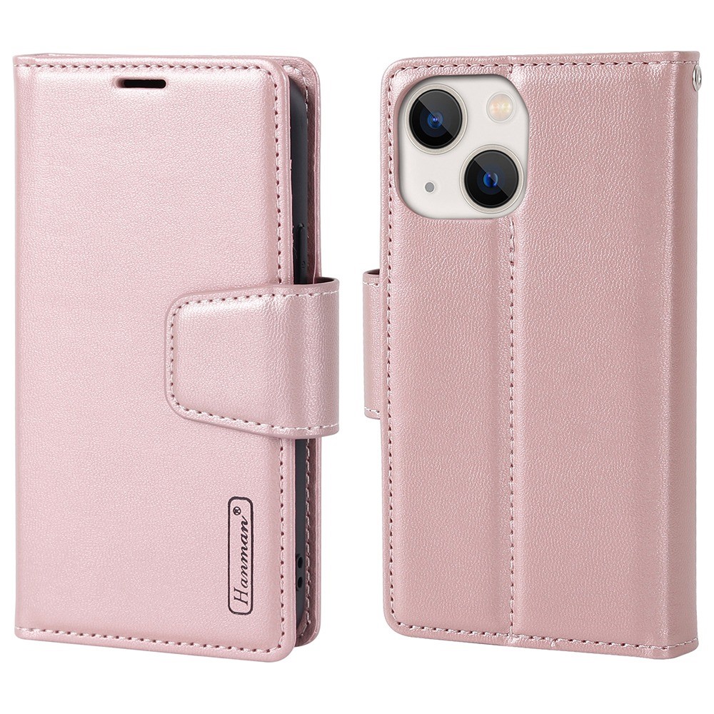 HANMAN Miro2 Series for iPhone 13 mini 5.4 inch PU Leather Flip Phone Cover Detachable 2-in-1 Magnetic Wallet Stand Case - Rose Gold
