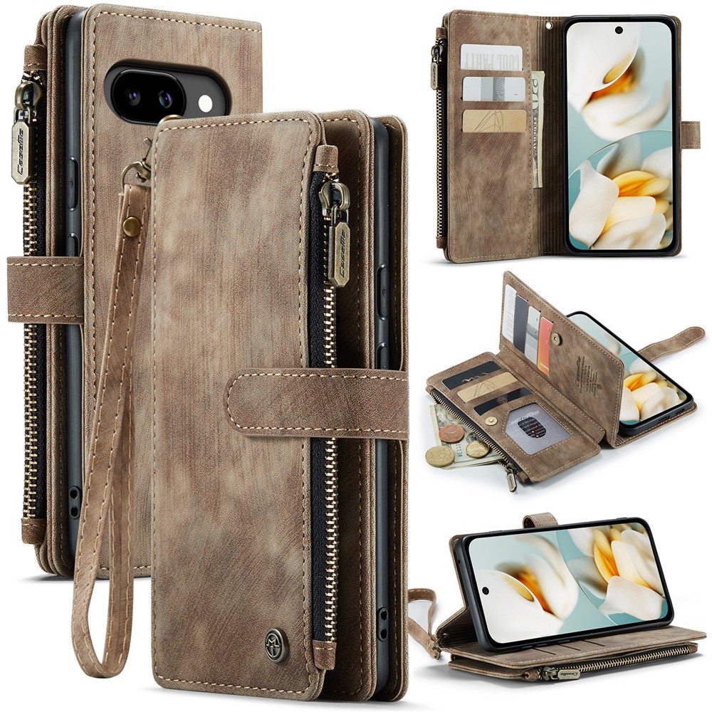 For Google Pixel 9a Phone Cases with Strap CASEME C30 Zipper Multiple Card Holder PU Leather Cover - Brown