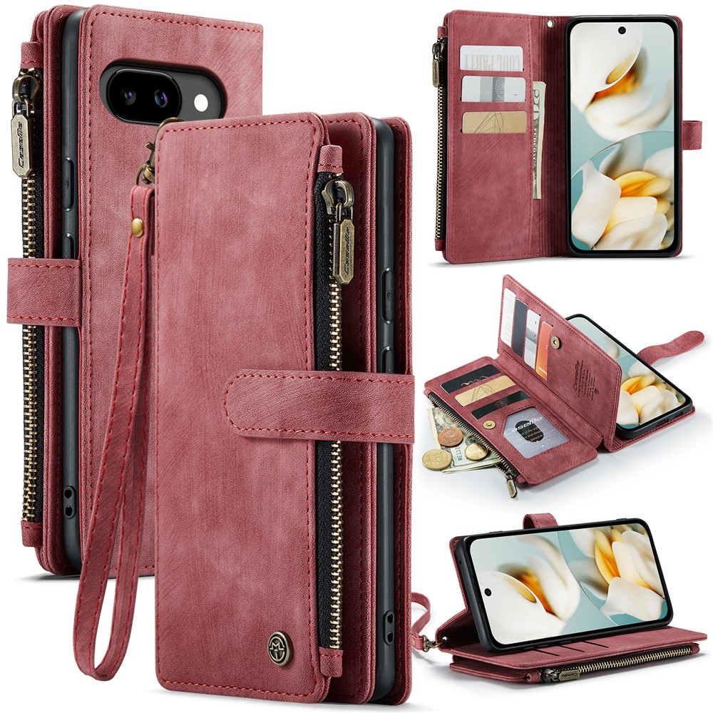 For Google Pixel 9a Phone Cases with Strap CASEME C30 Zipper Multiple Card Holder PU Leather Cover - Red