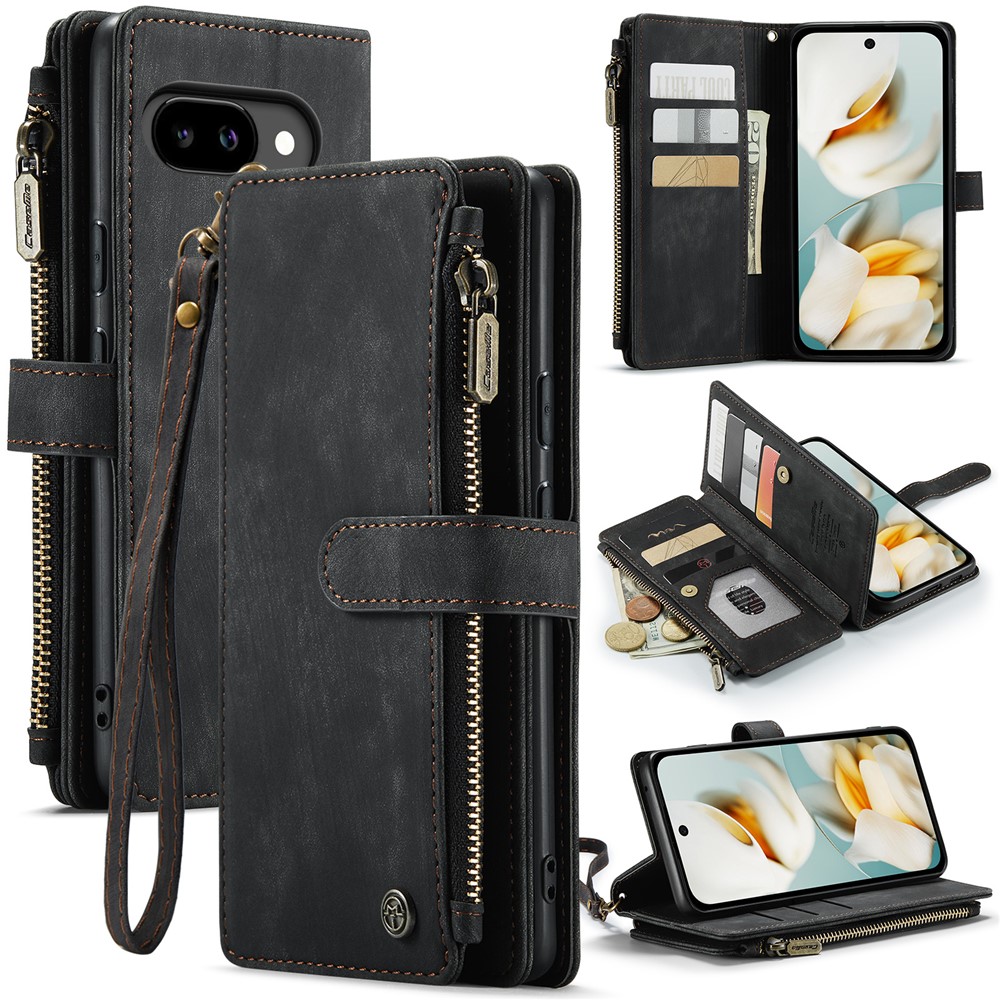 For Google Pixel 9a Phone Cases with Strap CASEME C30 Zipper Multiple Card Holder PU Leather Cover - Black