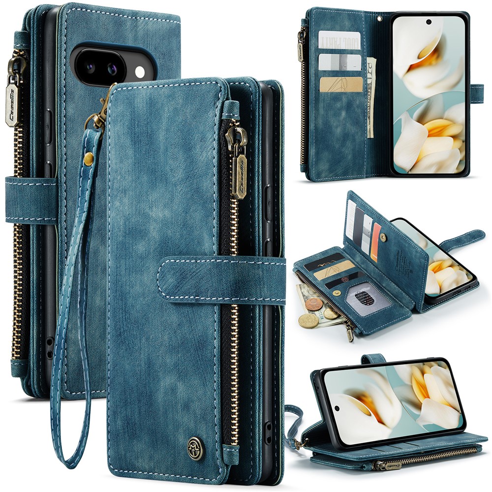 For Google Pixel 9a Phone Cases with Strap CASEME C30 Zipper Multiple Card Holder PU Leather Cover - Blue