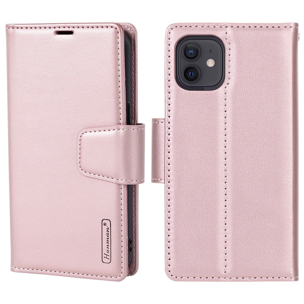 HANMAN Miro2 Series for iPhone 12 mini 5.4 inch PU Leather Stand Flip Phone Case Magnetic Detachable 2-in-1 Wallet Cover - Rose Gold