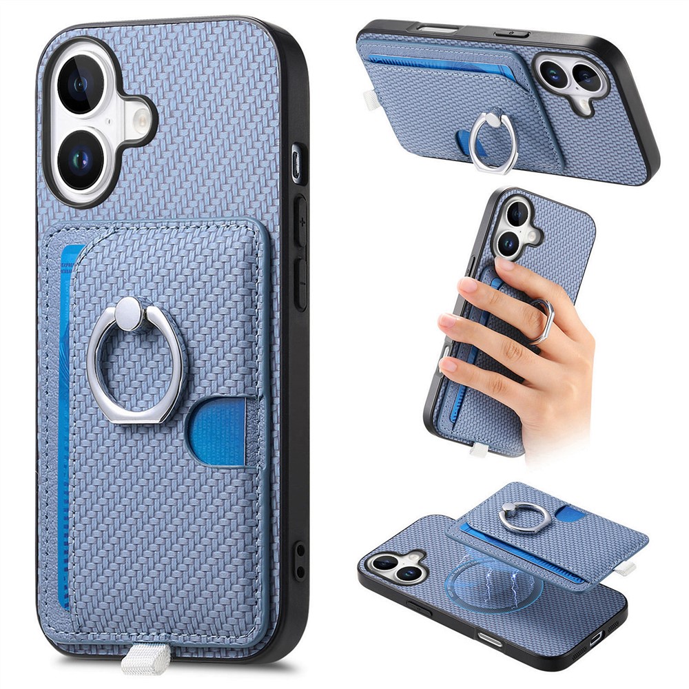 For iPhone 16e Case Ring Kickstand Leather Back Cover with Magnetic Detachable Card Holder - Blue